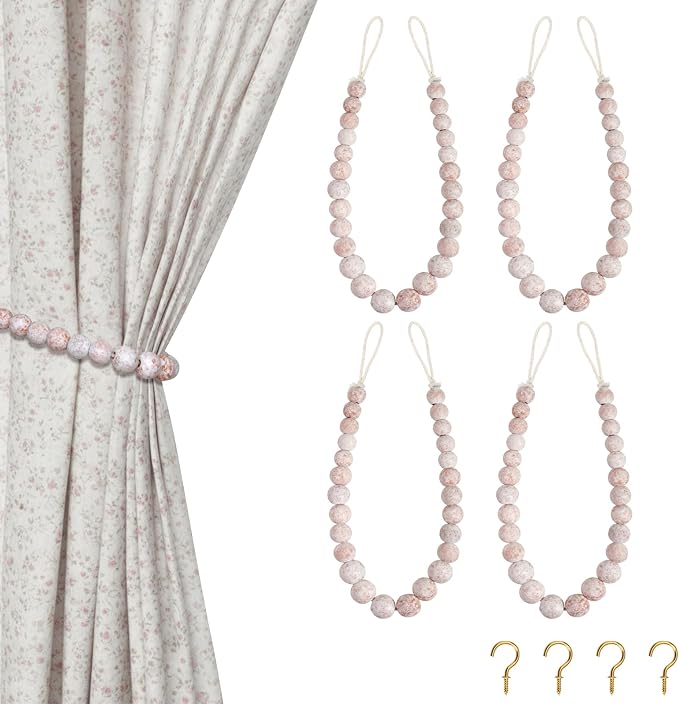 Hion 4 Pcs Boho Curtain Tiebacks, Wood Beads Curtain Holdbacks, Outdoor by Hion