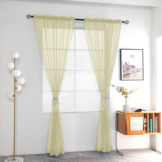 youleyar Solid Sheer Rod Pocket Curtain Voile Draperies 2 Panels White Beige - Image 2