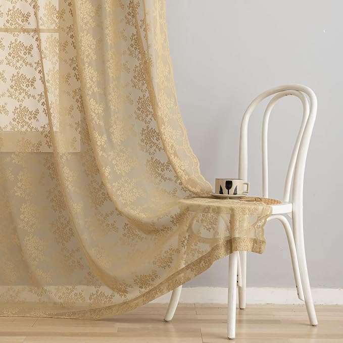 YJ YANJUN Vintage Lace Curtains 96 Inches Long-Victorian Floral Pattern Tan - Image 6