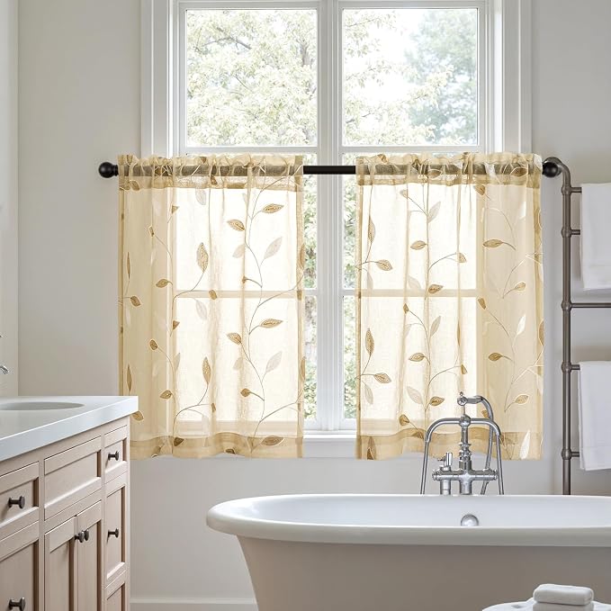 MIULEE Beige Sheer Curtains 2 Panels Embroidered Leaf Patterned Rod Pocket - Image 7