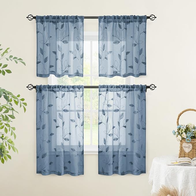 HOMEIDEAS Stone Blue Sheer Kitchen Curtains 30 X 24 Inch Length 2 Panels - Image 2