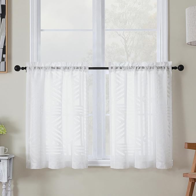 Simplebrand Semi Sheer White Curtains 30 Inch Length 2 Panels, Geometric by Simplebrand