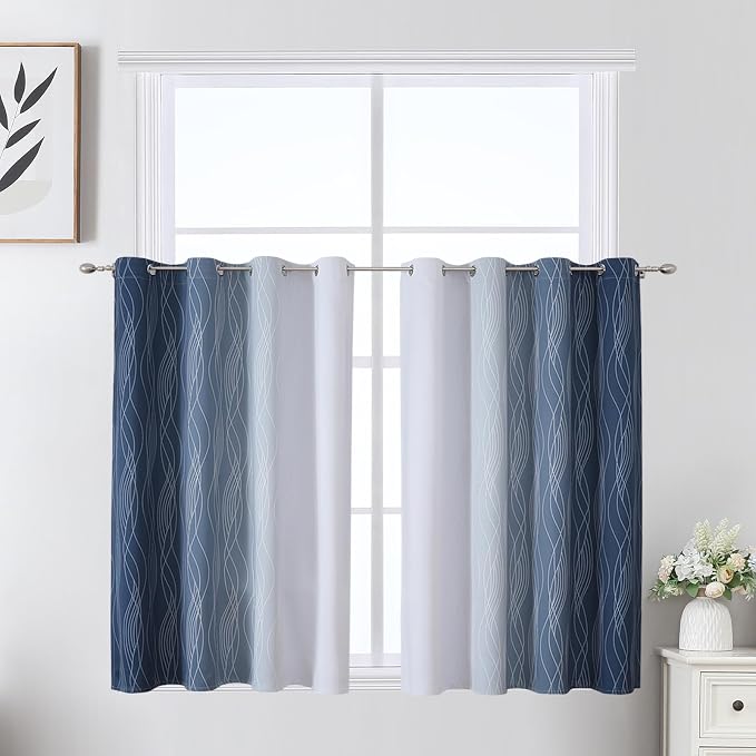 Estelar Textiler Navy Blue and Greyish White Ombre Short Blackout Cafe Curtains by ESTELARTEXTILER