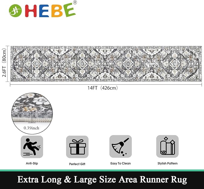 HEBE Hallway Runner Rug 2'8''x14' Washable Vintage Distressed Area Rugs Non - Image 2