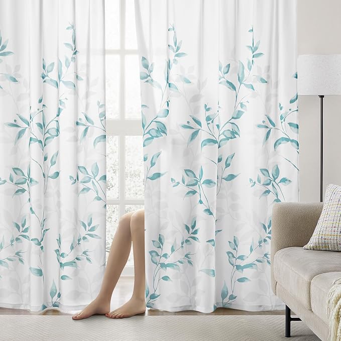HOMEIDEAS Non-See-Through Teal and White Privacy Sheer Curtains 52 X 63 Inch - Image 2