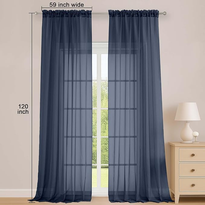 OWENIE Navy Blue Sheer Curtains 120 Inches Long 2 Panels Set, Airy Lightweight - Image 2