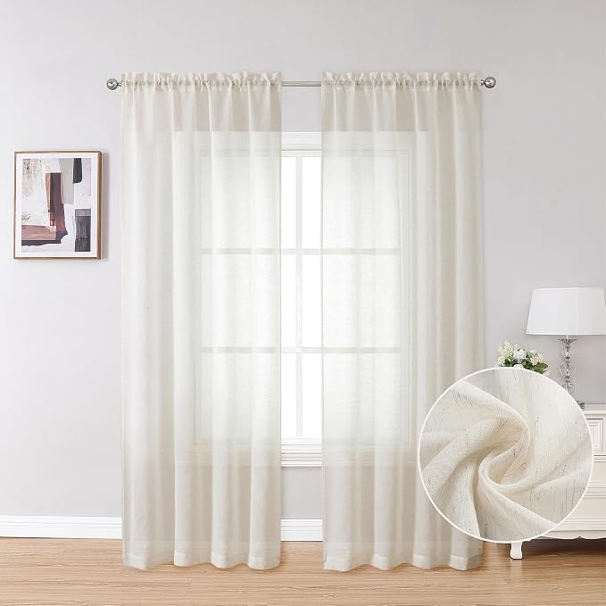 Simplebrand Natural Linen Textured Sheer Curtains 84 inches Length 2 Panels Set - Image 2