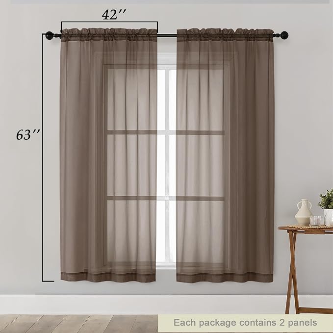 Sheer Chocolate Curtains for Bedroom Living Room 63 Inch Length 2 Panels - Image 2
