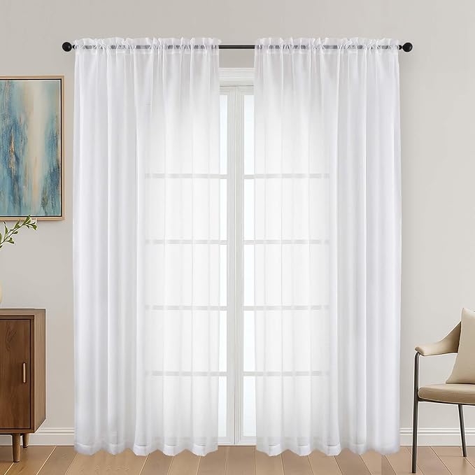 OVZME White Sheer Curtains 72 Inches Long 2 Panels Set, Light Filtering Sheer by OVZME