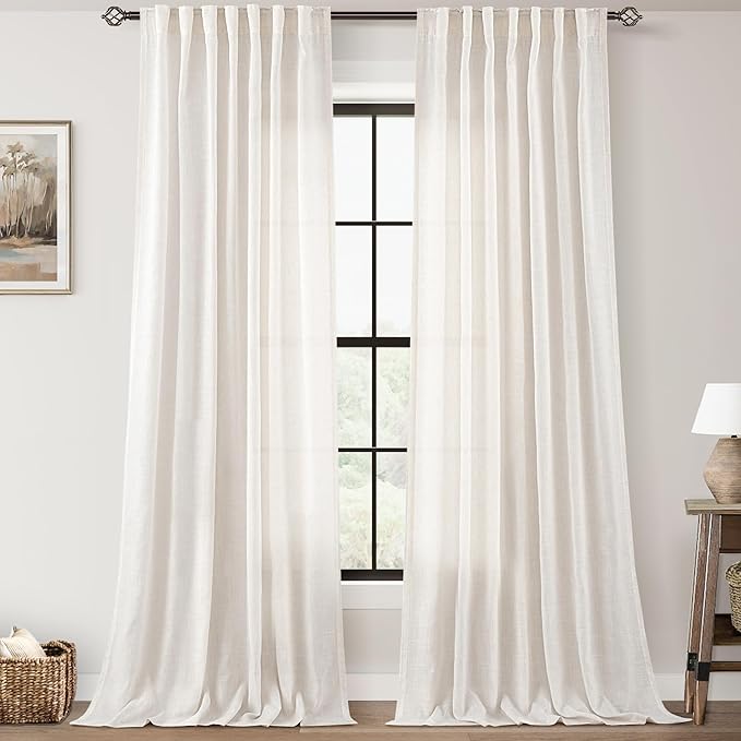 Natural Linen Curtain 94 inch Length 2 Panels Set Back Tab Light Filtering by Jolilight