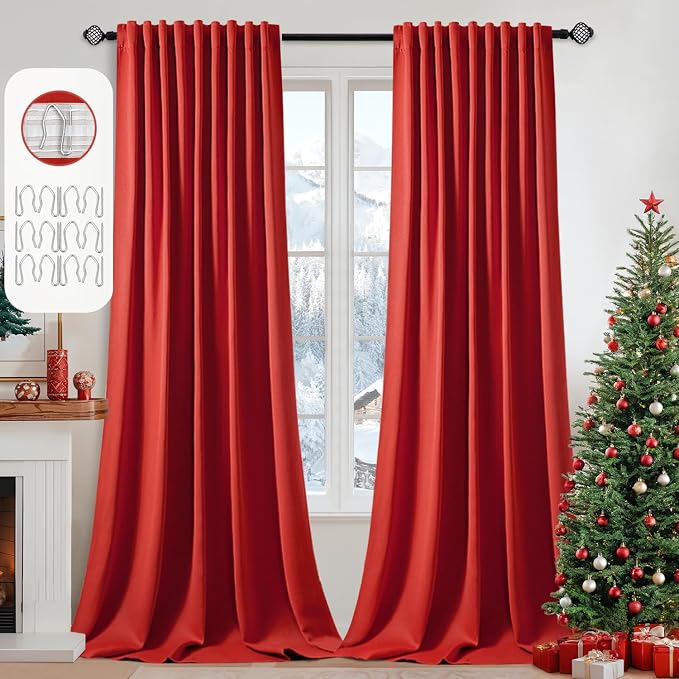 MIULEE Christmas Red Back Tab Blackout Curtains 108 Inch Long 2 Panels Set by MIULEE