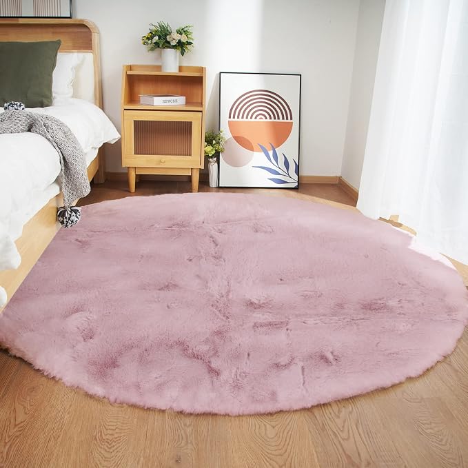 Ghouse Faux Rabbit Fur Round Rug 4ft Pink Round Rugs - Image 2