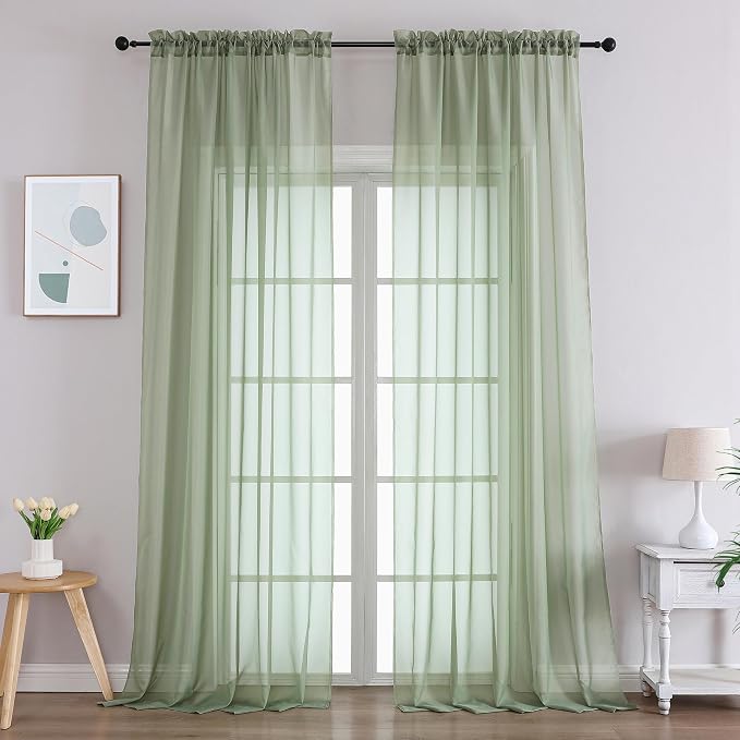 Gwine Sheer Sage Green Curtains 96 Inches Long 2 Panels Set, Light Filtering by Gwine