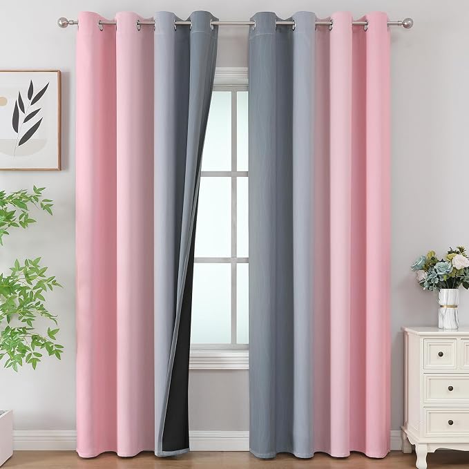 Estelar Textiler Pink and Grey Blackout Curtains 108 Inches Long, Thermal by ESTELARTEXTILER