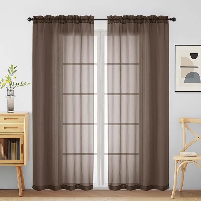 Chocolate Sheer Curtains for Window 72 inches Long 2 Panels Set, Soft Airy by Home