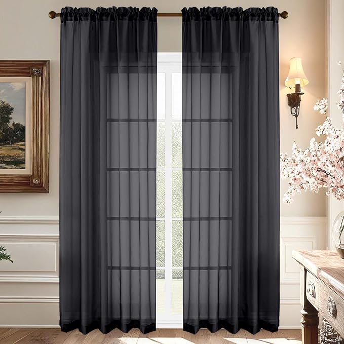 Aiyufeng Black Sheer Curtains 90 Inches Long, Light Filtering Rod Pocket Solid by Aiyufeng