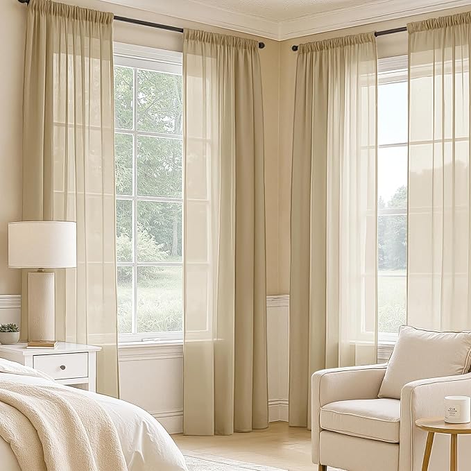 MIULEE Beige Sheer Curtains 72 Inches Long, 4 Panels Set, Rod Pocket Voile - Image 2