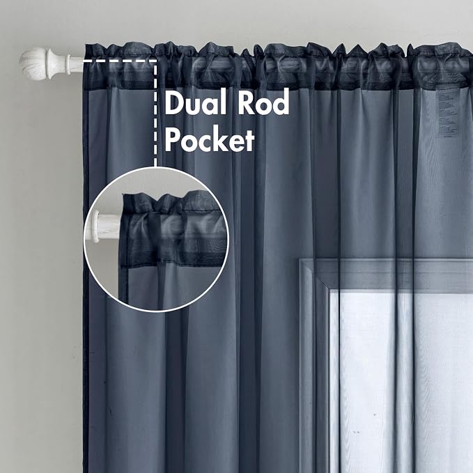 MIULEE 2 Panels Navy Blue Sheer Curtains 84 inches Long Window Curtains Rod - Image 2