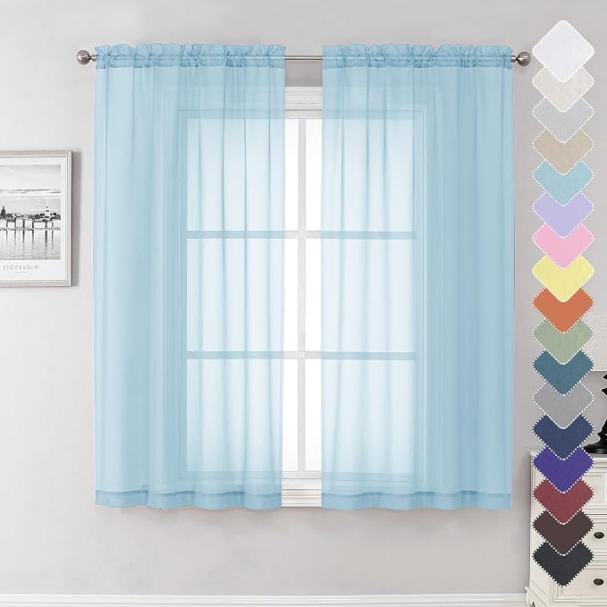 Lecloud Solid Voile Sky Blue Sheer Curtains 63 Inch Length 2 Panels, Dual Rod by Lecloud