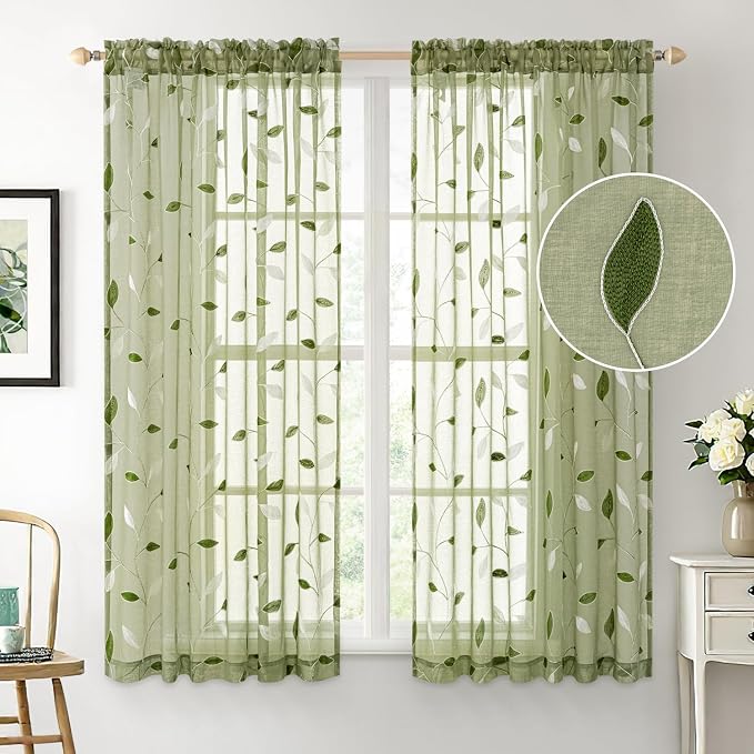 MIULEE Sage Green Sheer Curtains 2 Panels Embroidered Leaf Patterned Rod Pocket - Image 2