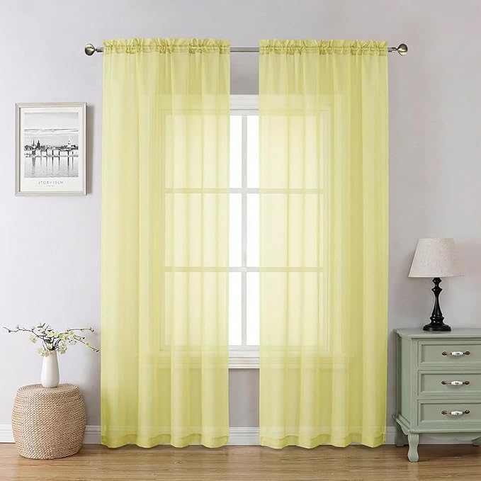Lecloud Goose Yellow Sheer Curtains 84 Inches Long 2 Panels, Light Filtering by Lecloud