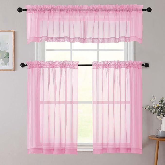 Pink Kitchen Curtains 30 Inch Length Tier 2 PCS, Solid Soft Airy Half Curtains - Image 8