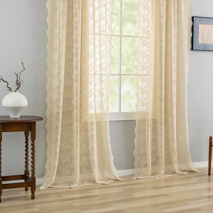 YJ YANJUN Vintage Lace Curtains 84 Inches Long-Retro Floral Beige Sheer Curtain - Image 6