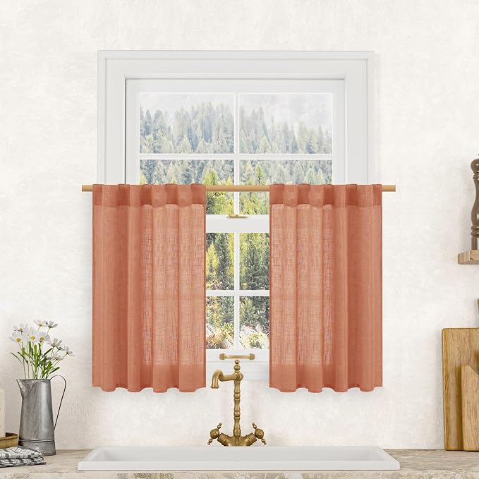 LAMIT 30 Inch Linen Kitchen Curtains, Semi Sheer Light Filtering Window Panels by LAMIT