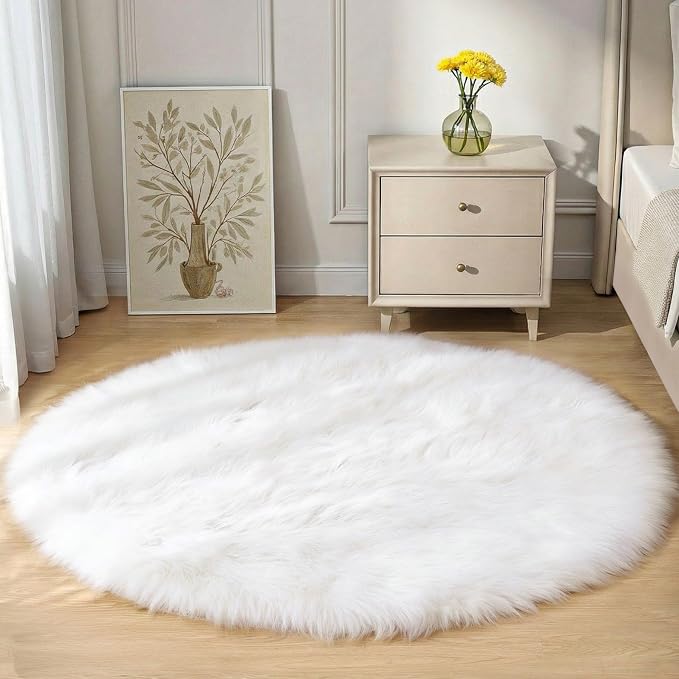 Goolela White Round Rug 4ft Circle Fluffy Fuzzy Sheepskin Rug by Goolela