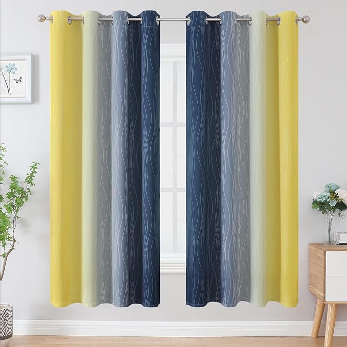 Estelar Textiler Navy Blue and Yellow Blackout Curtains 72 Inch Length 2 Panels - Image 2