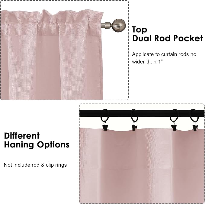 OWENIE Bob Valance Curtains 18 Inch Length 1 Piece, Faux Linen Slub Solid Blush - Image 4