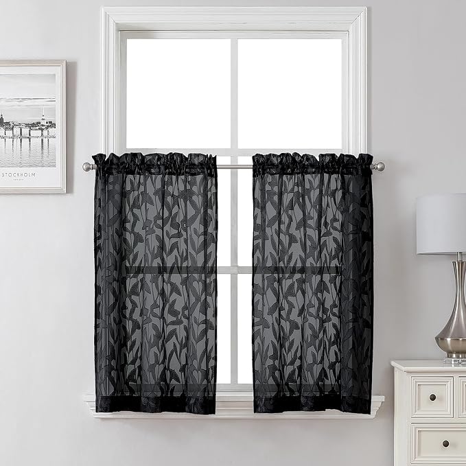 Lecloud Leia Black Sheer Kitchen Curtains 36 Inch Length 2 Panels, Jacquard by Lecloud