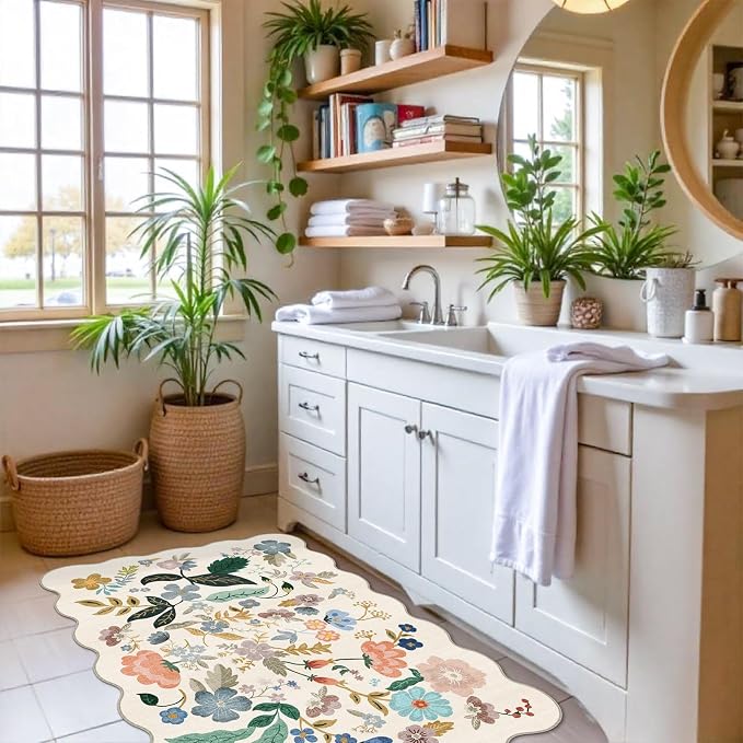 Washable 2x3 Entryway Scalloped Rug: Floral Thin Door Mat Non Slip Water - Image 4