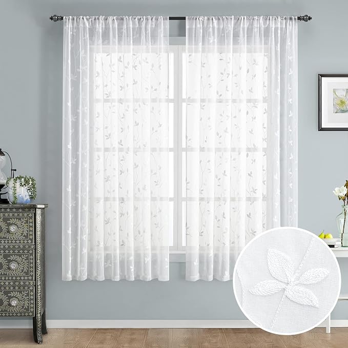 HOMEIDEAS White Sheer Curtains 52 X 63 Inches Length 2 Panels Embroidered Vine by HOMEIDEAS