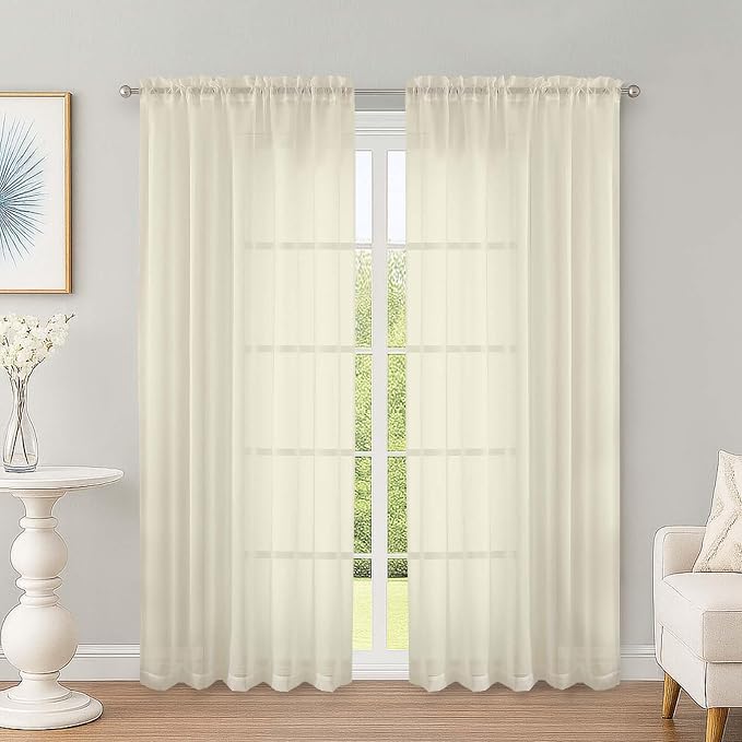 OWENIE Cream Sheer Curtains 72 Inches Long 2 Panels Set, Transparent Voile by OWENIE