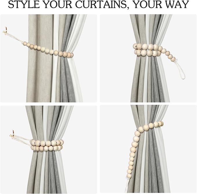 Hion 6 Pcs Boho Curtain Tiebacks, Wood Beads Curtain Holdbacks, Outdoor - Image 4