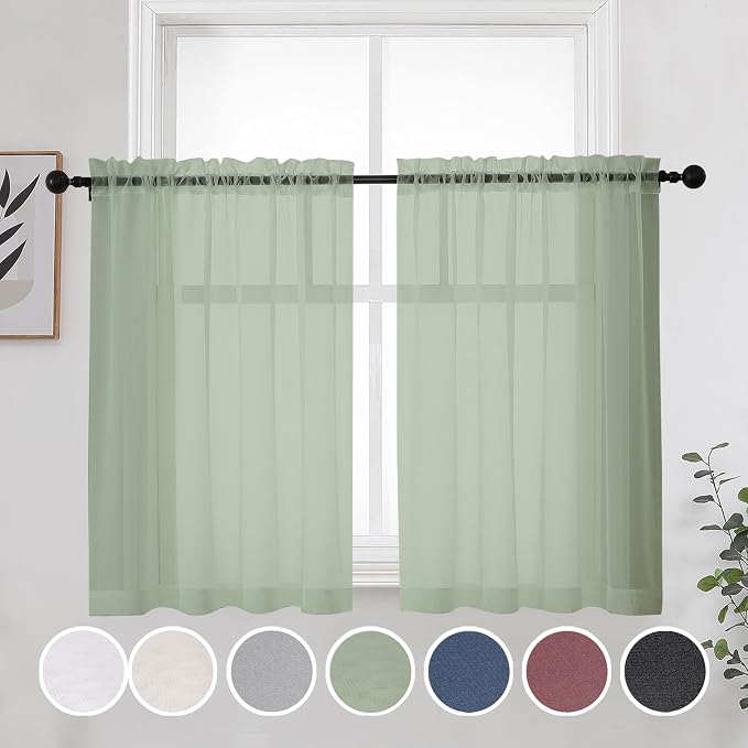 OWENIE Sage Green Sheer Curtains 36 Inches 2 Panels Set by OWENIE