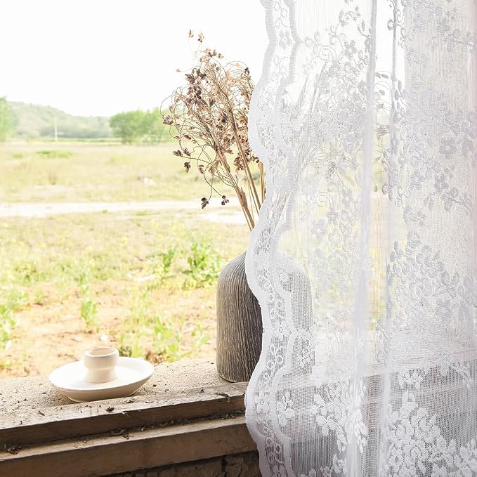 YJ YANJUN Vintage Lace Curtains Chic Floral White Short Sheer Bathroom Curtains - Image 2