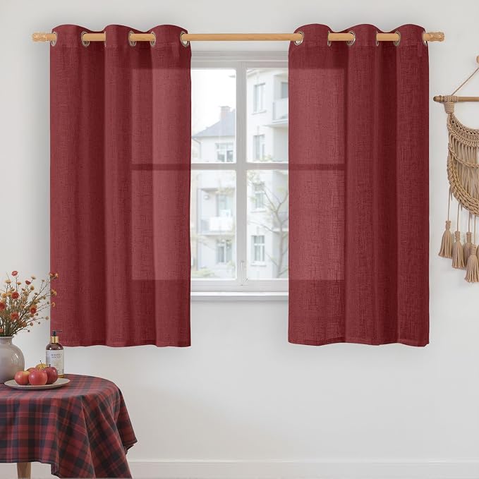 LAMIT Burgundy Red Linen Curtains 48 Inch Length 2 Panels, Light Filtering Semi by LAMIT