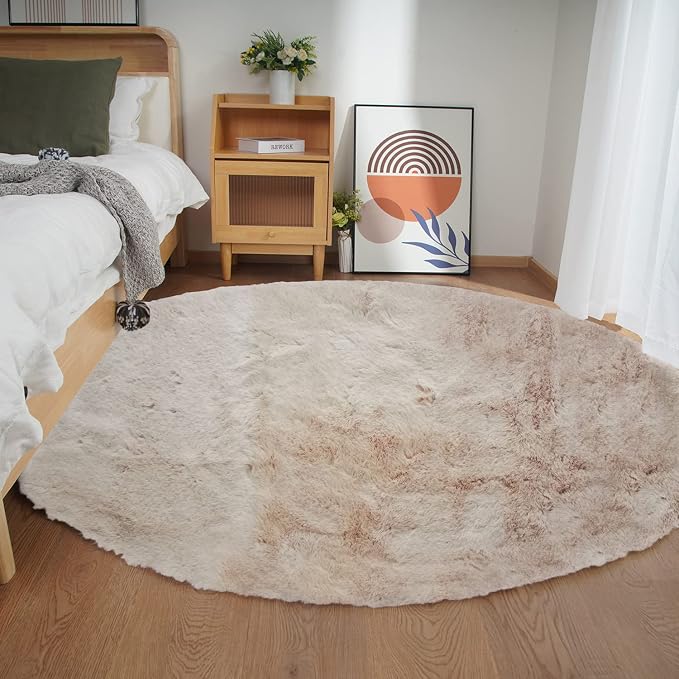 Ghouse Faux Rabbit Fur Round Rug 8ft Light Brown Beige Round Rugs by Ghouse