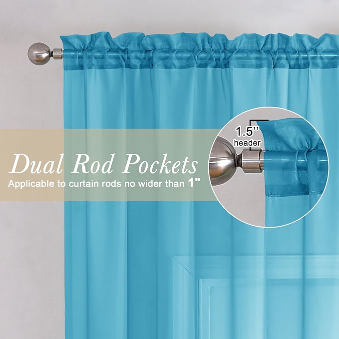 Lecloud Turquoise Sheer Curtains 120 Inches Long 2 Pcs, Light Filtering Rod - Image 6