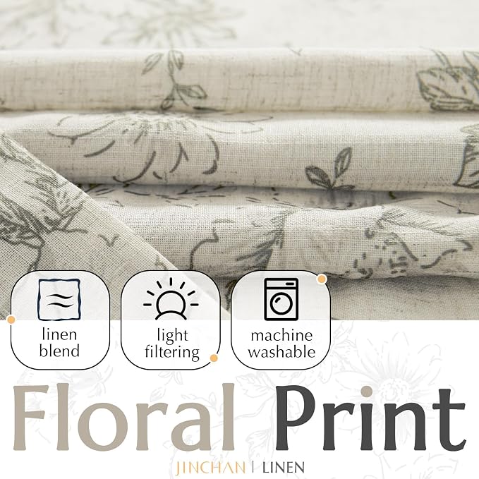 jinchan Lined Linen Blend Curtain Floral Curtains - Image 2