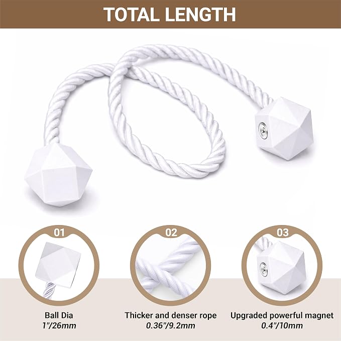Hion Magnetic Curtain Tiebacks White 2pcs, Curtain Tiebacks Buckles Holdbacks - Image 2