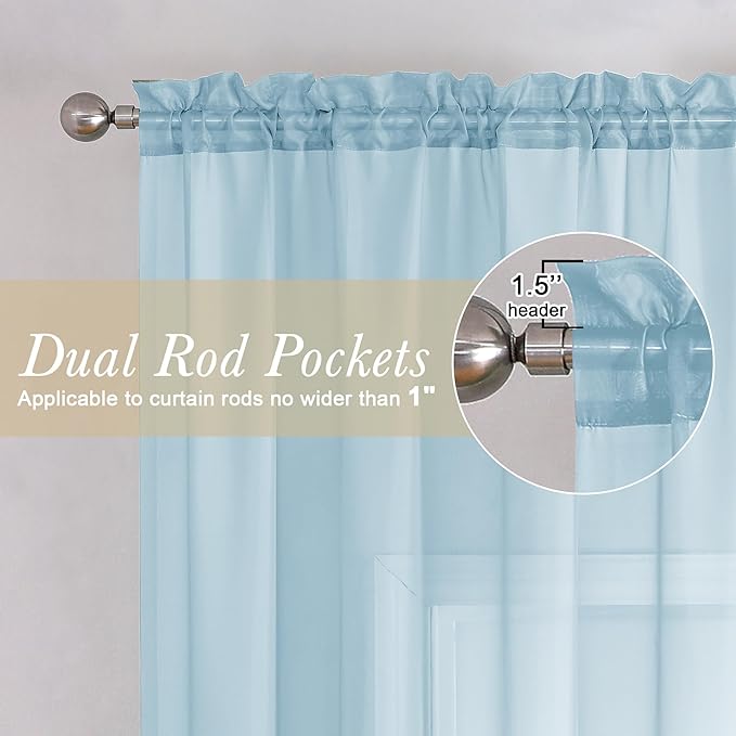Lecloud Sky Blue Sheer Curtains 90 Inches Long 2 Panels, Light Filtering Voile - Image 5