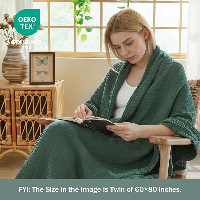 EMME Muslin Blankets for Adults Forest Green Small Blanket 40" x 50" | Throw - Image 2