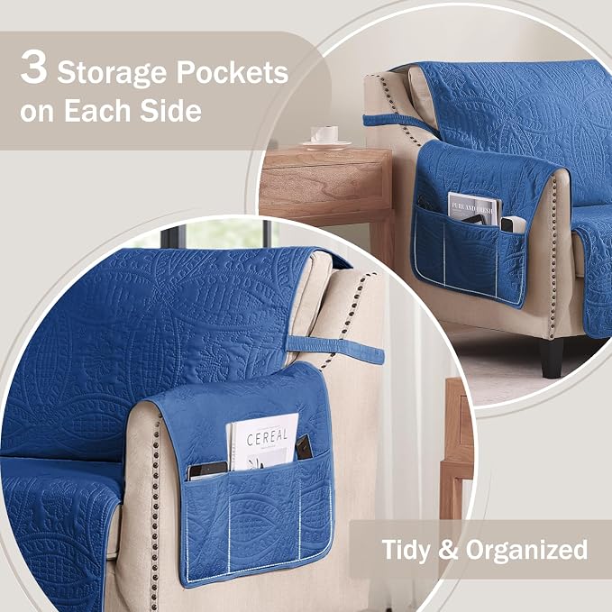 Blue Quilted Recliner Covers, Waterproof Recliner Chair Covers, Lazy Boy Chair - Image 3