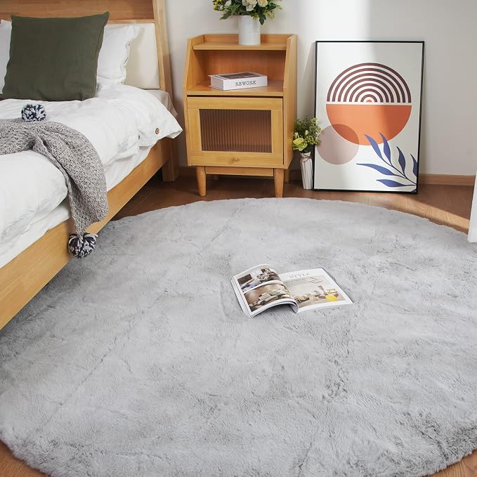 Ghouse Faux Rabbit Fur Round Rug 8ft Grey Round Rugs - Image 2