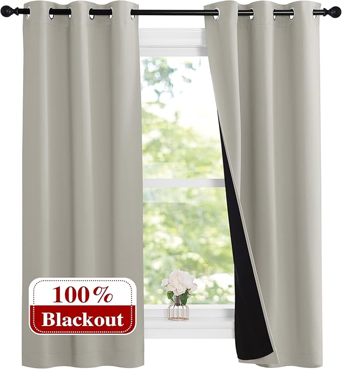 NICETOWN Natural 100% Blackout Lined Curtains, 1 Pair, 2 Thick Layers Narrow by NICETOWN