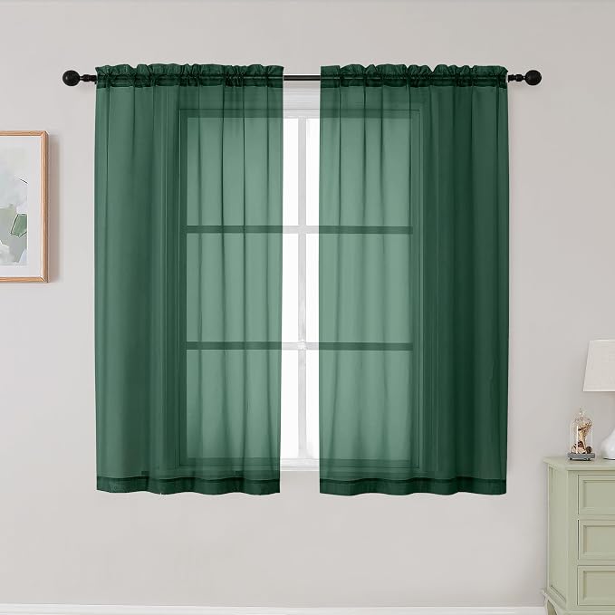 Hunter Green Sheer Curtains for Bedroom Living Room 45 Inch Length 2 Panels by WelvetBLK