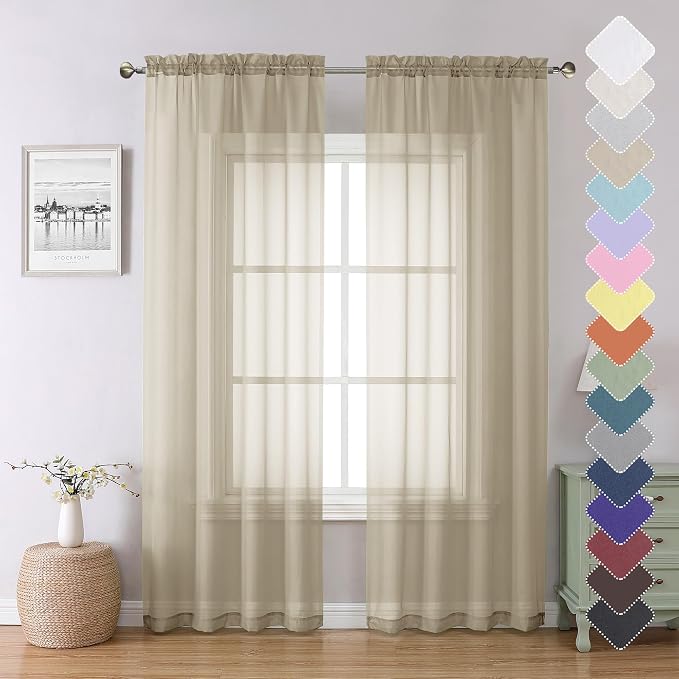 Lecloud Taupe Sheer Curtains 84 Inches Long 2 Panels, Light Filtering Solid by Lecloud